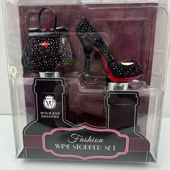 Wild Eye Design Fashion Wine Stopper Set Bag Shoes Shape Tableware Tools Black - Picture 1 of 4
